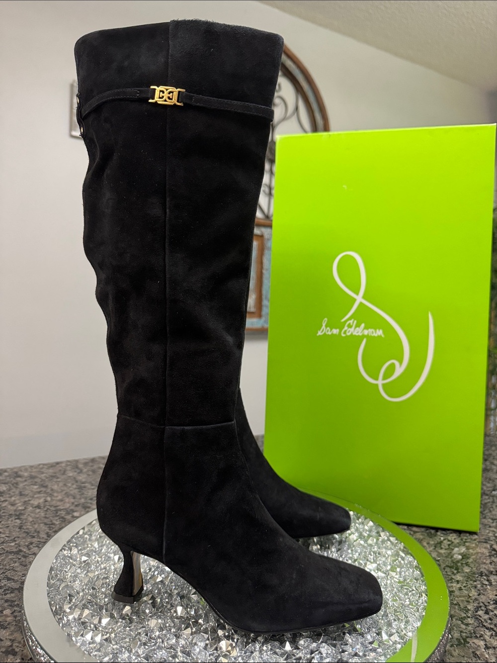 Sam Edelman Black Suede Knee-High curved kitten Heeled Boots square toe NEW 6